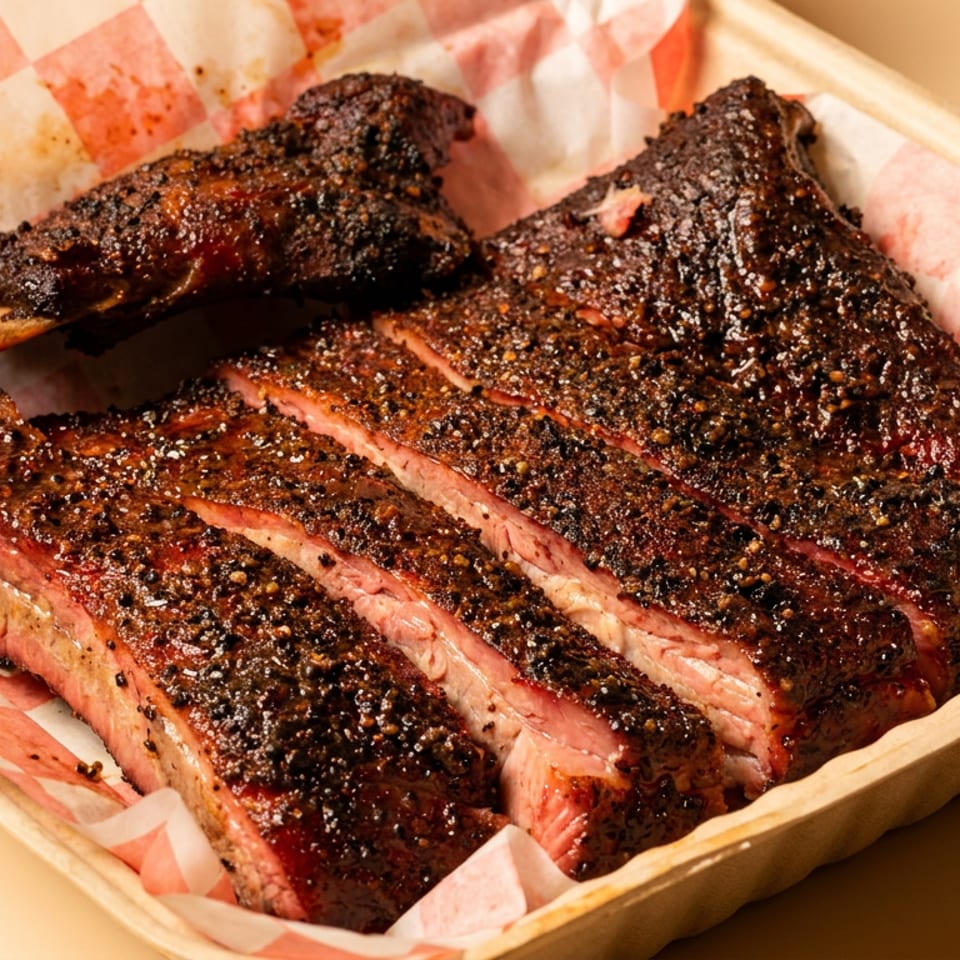 Sliced, dark-crusted smoked ribs in a disposable container with red and white checkered paper.