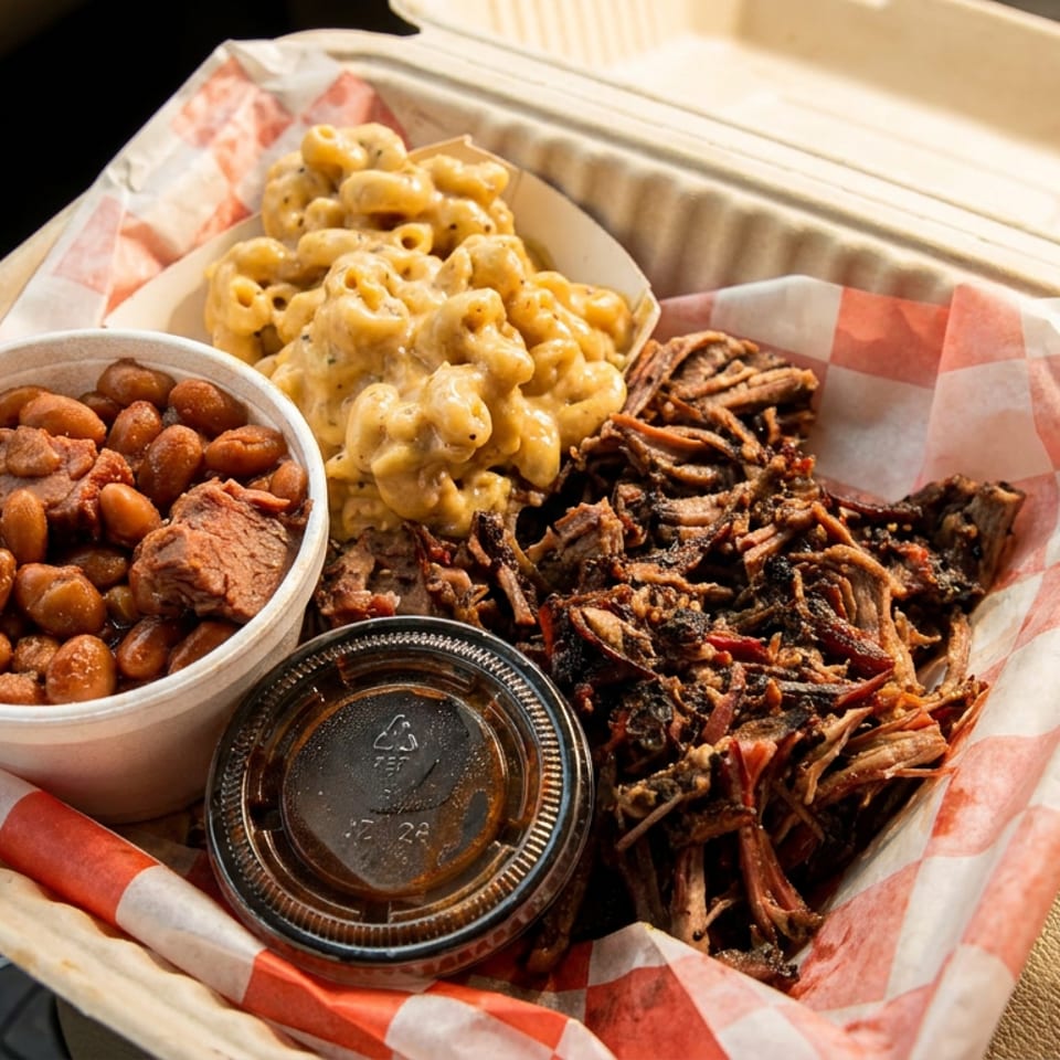 Barbecue takeout meal with pulled pork, mac and cheese, and baked beans in a car.
