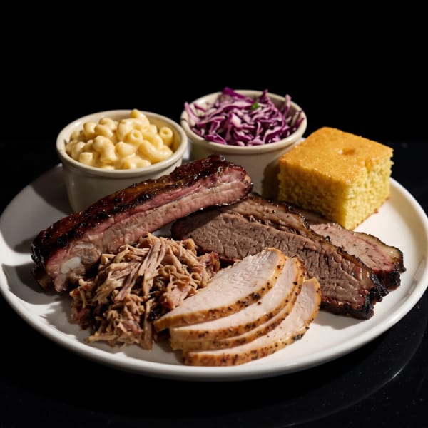 Plate of BBQ ribs, brisket, pulled pork, turkey, mac and cheese, coleslaw, and cornbread.