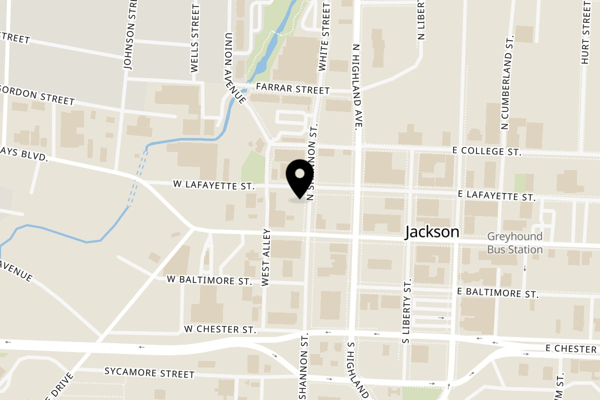Map showing the location of Wholly Cow BBQ TN on 202 W Lafayette St Ste A in Jackson